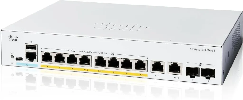 Cisco C1300-8P-E-2G 8-port Gigabit PoE+ Managed Switch, 8× 10/100/1000 RJ-45, 2× Combo Port, Managed